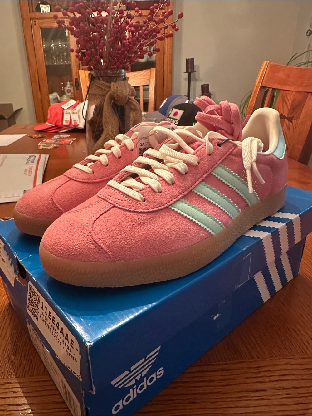 adidas Gazelle Suede Sneakers in Pink and Mint Stripes